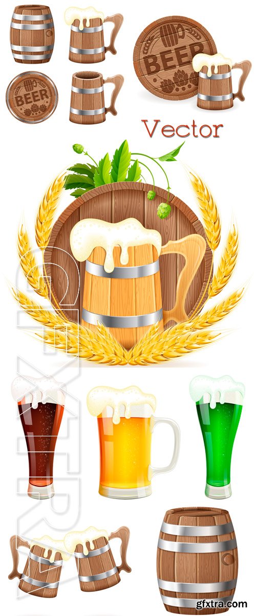 Keg and mugs with foamy wheat beer in Vector