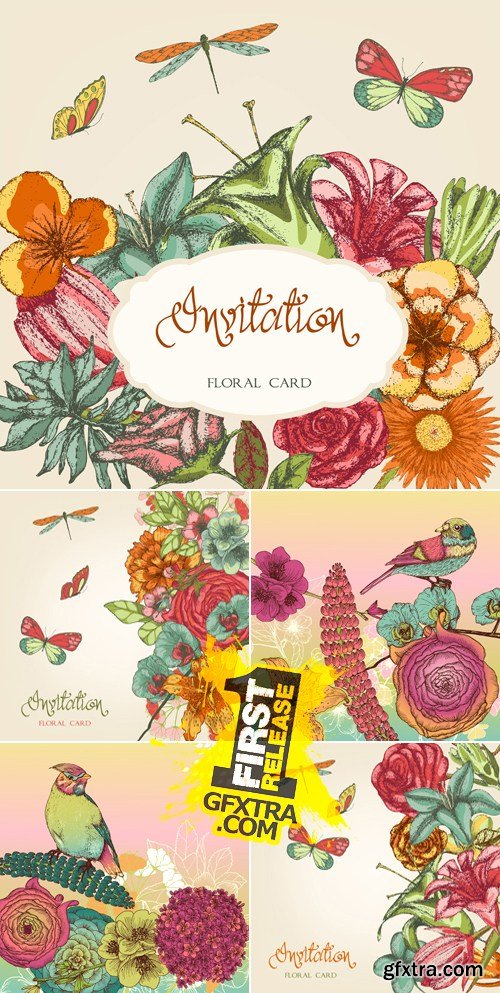 Vintage Floral Cards Vector 6