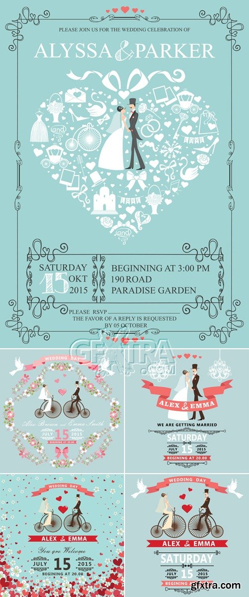 Retro Style Wedding Cards Vector