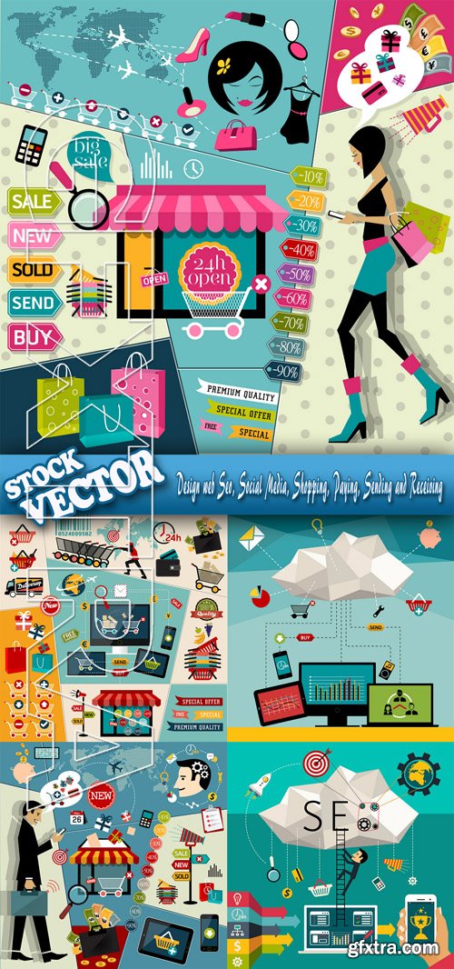 Stock Vector - Flat Design web Seo, Social Media, Shopping, Paying, Sending and Receiving