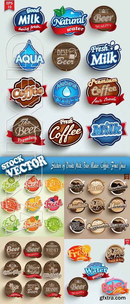 Stock Vector - Stickers of Drinks Milk, Beer, Water, Coffee, Fruit Juice