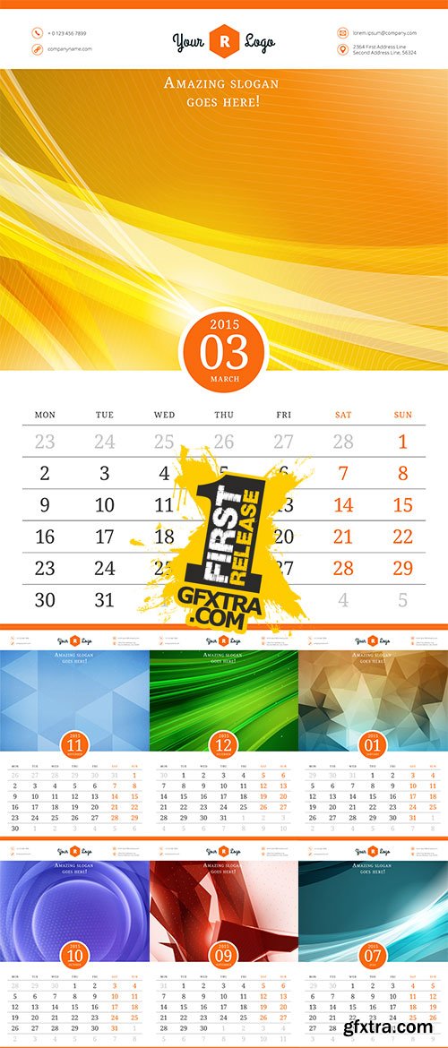 Stock Calendar 2015, Vector template with abstract background, Week starts monday