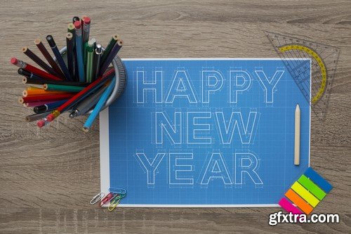 Stock Photos - Blueprint Happy New Year, 25xJPG