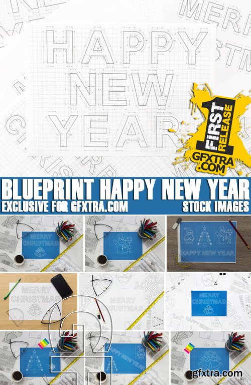 Stock Photos - Blueprint Happy New Year, 25xJPG