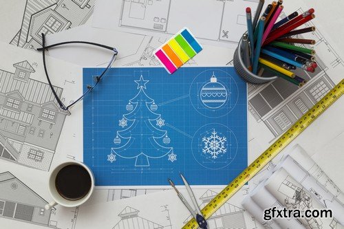 Stock Photos - Blueprint Happy New Year, 25xJPG