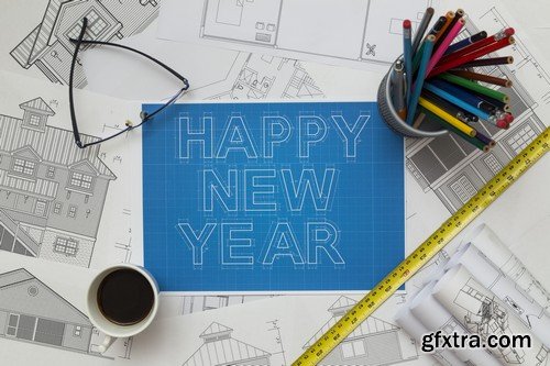 Stock Photos - Blueprint Happy New Year, 25xJPG