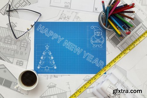 Stock Photos - Blueprint Happy New Year, 25xJPG