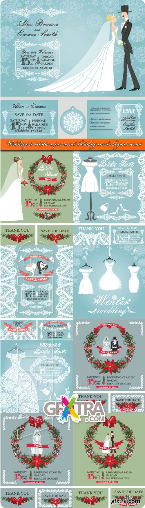 Wedding invitation personal holiday cards layout vector