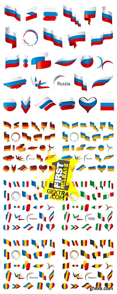 Russian, Ukrainian, German, French, Italian, Romanian, Belgian Flags Vector