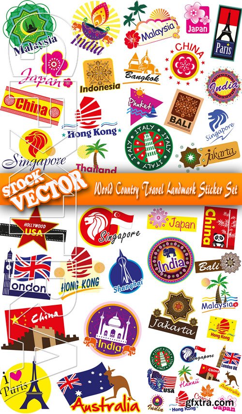 Stock Vector - World Country Travel Landmark Sticker Set