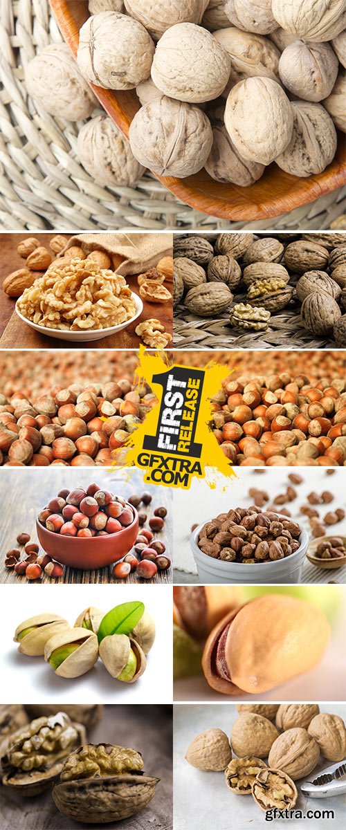 Stock Photo Hazelnuts, filbert on old wooden background