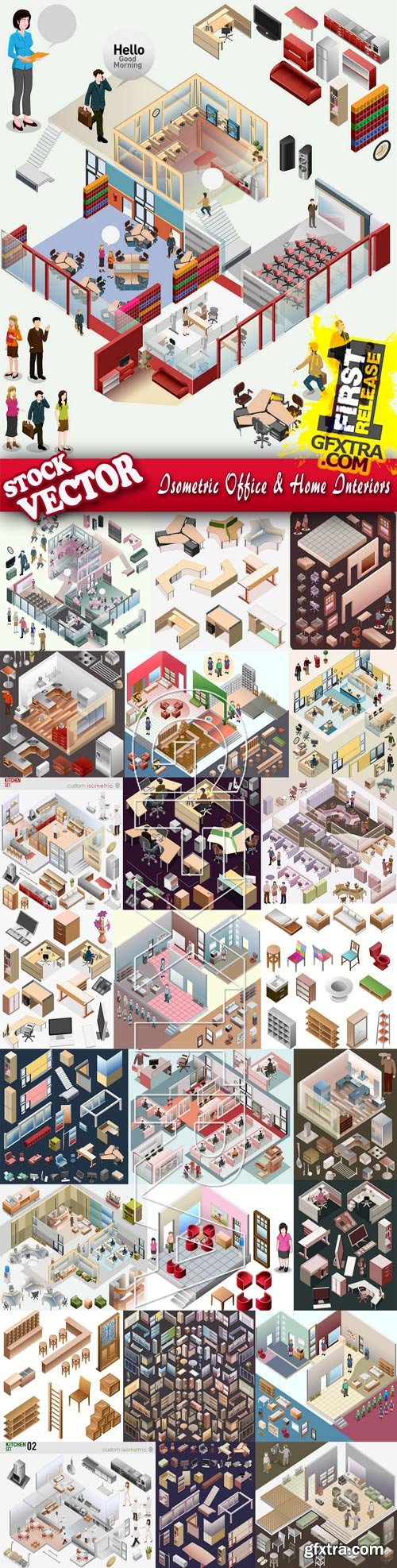 Stock Vector - Isometric Office & Home Interiors, 25 EPS