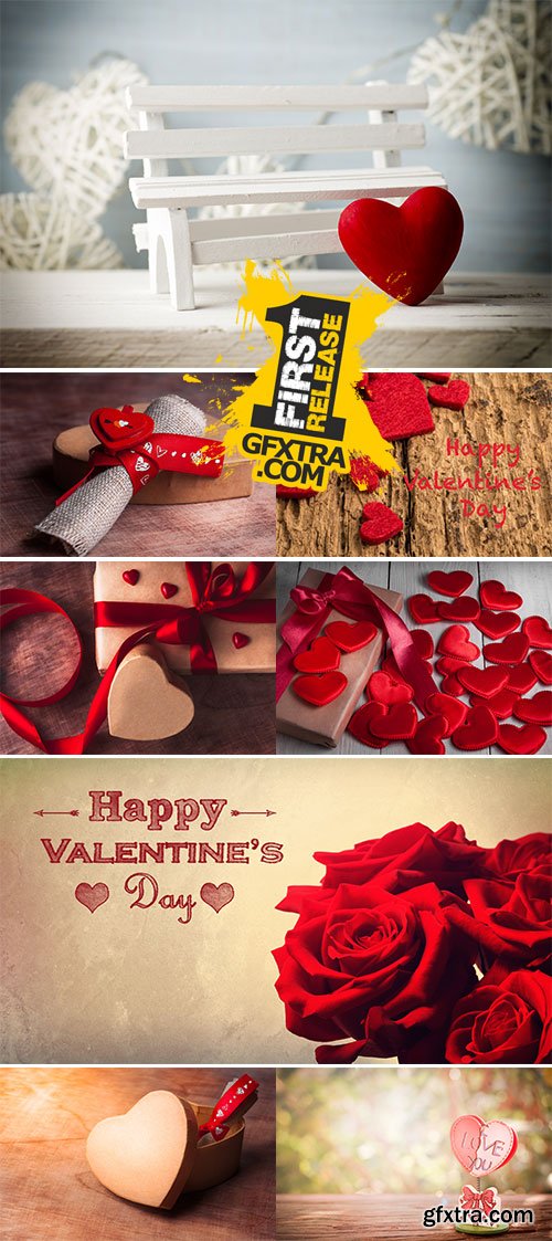 Stock Photo Gift tied with ribbon and red heart on wooden background, Valentine's day