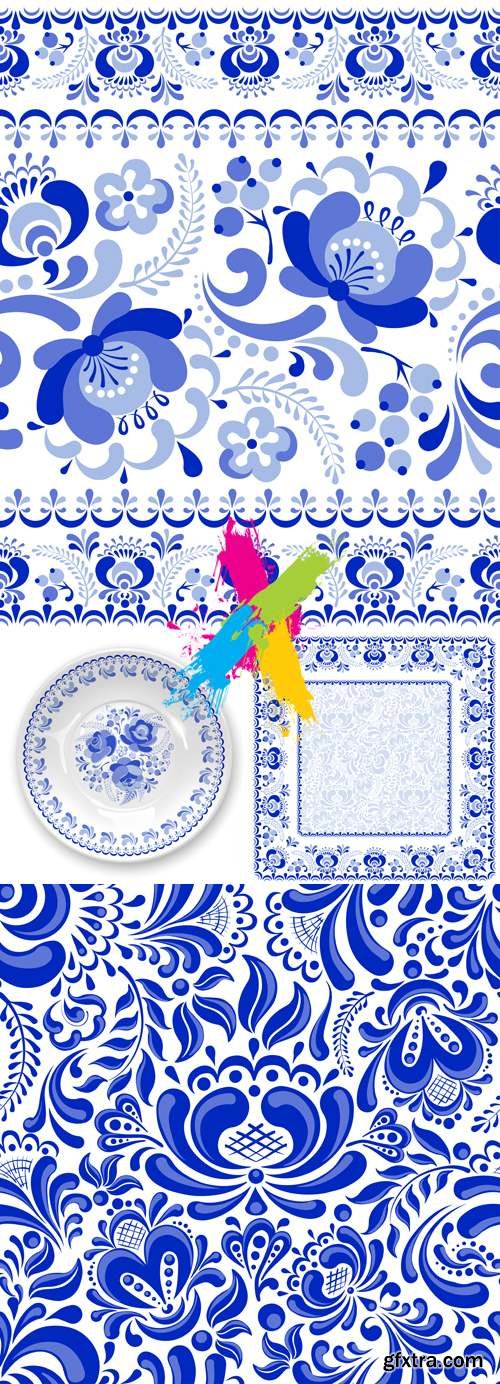 Blue Russian Floral Ornaments Vector