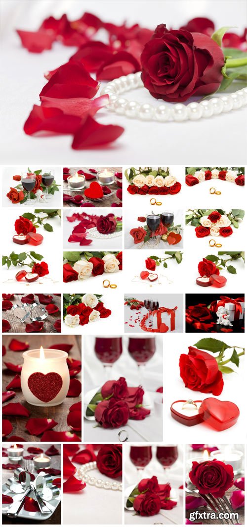 Roses, candles and wedding rings - Stock Photo