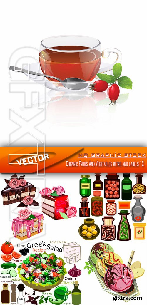 Stock Vector - Organic Fruits And Vegetables retro and labels 12