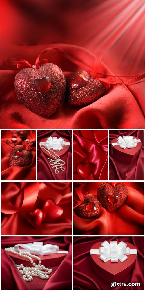 Hearts on satin cloth - stock photos