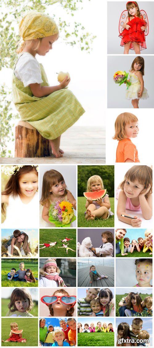 Happy kids, boys and girls on the nature - Stock Photo