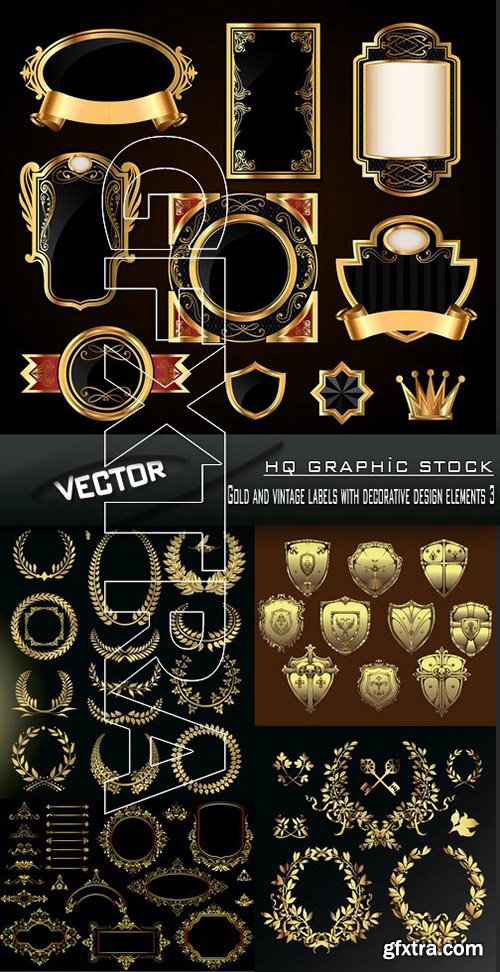 Stock Vector - Gold and vintage labels with decorative design elements 3