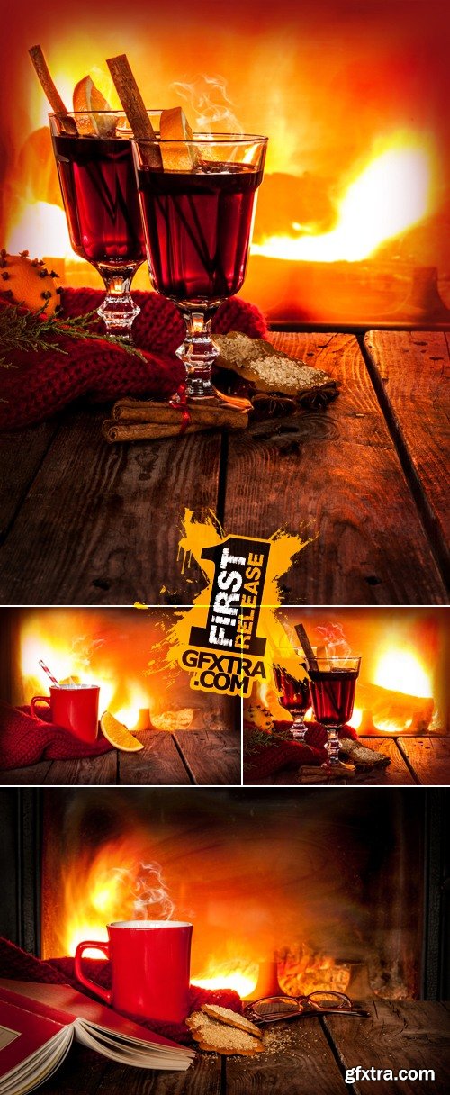 Stock Photo - Hot Drinks near Fireplace