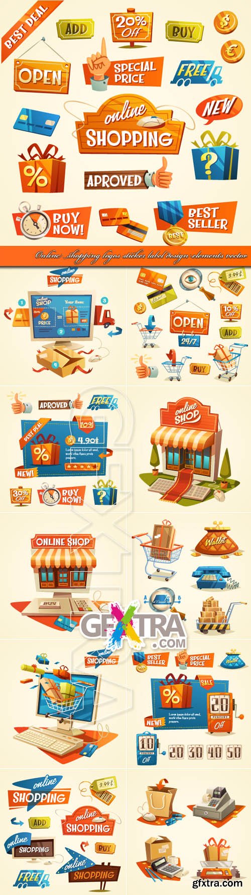 Online shopping logos sticker label design elements vector