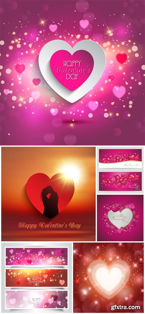 Valentine's Day Backgrounds, Banners, Hearts #1, 6xEPS