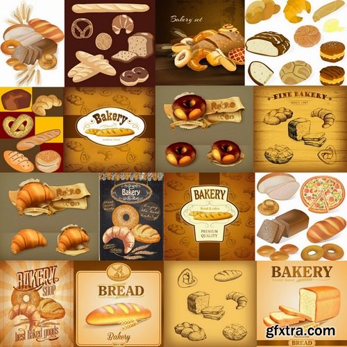 Collection of different vector images of bread and bakery products 25 Eps