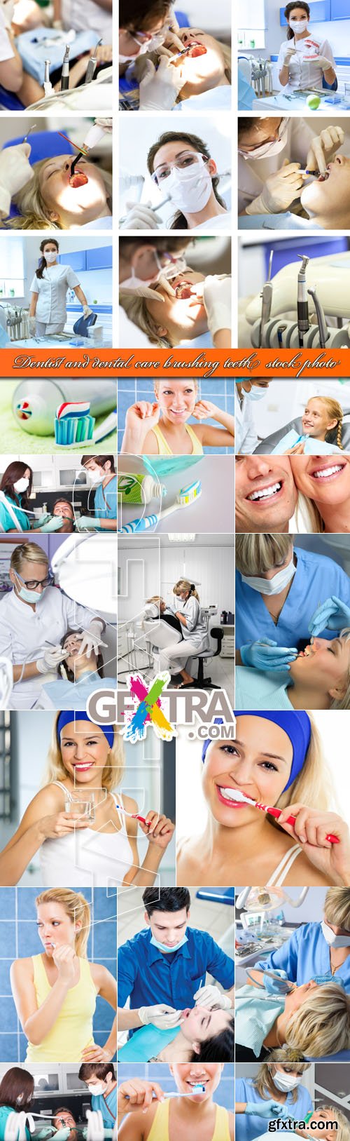 Dentist and dental care brushing teeth stock photo