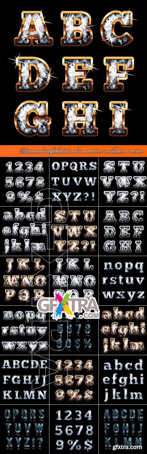 Diamond alphabet and numbers collection vector