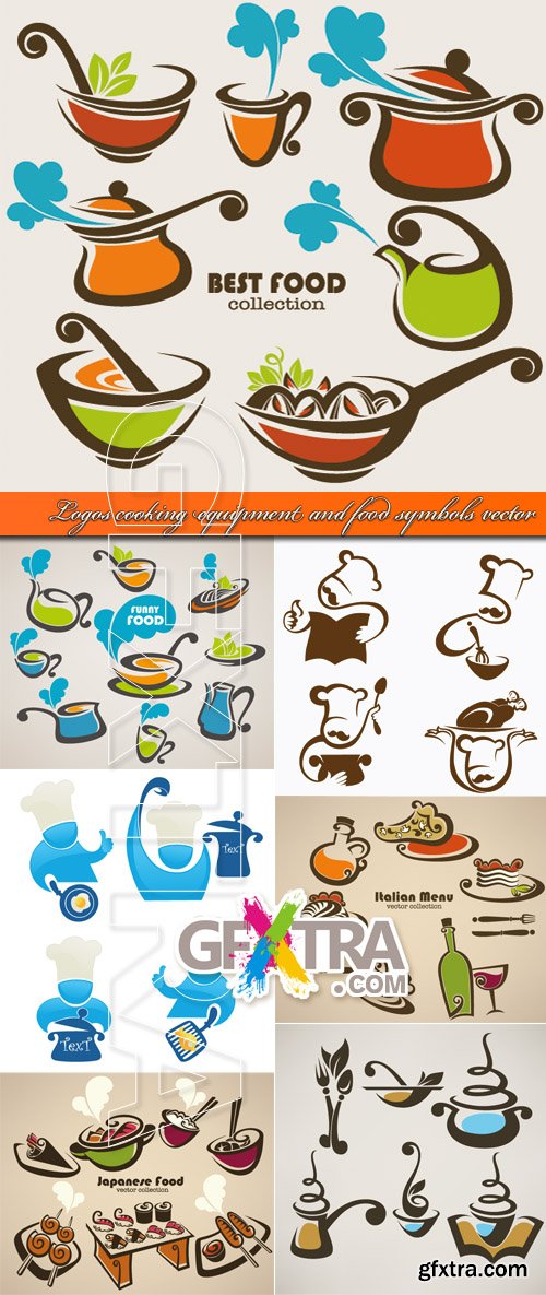 Logos cooking equipment and food symbols vector