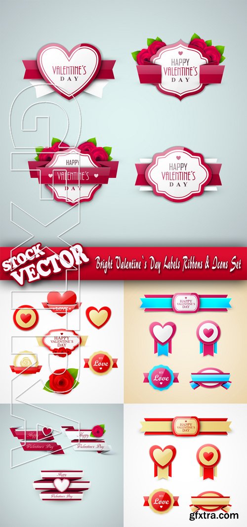 Stock Vector - Bright Valentine`s Day Labels Ribbons & Icons Set