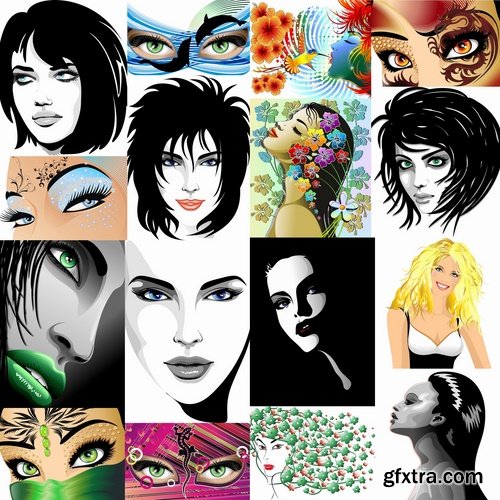 Collection of different vector image of beautiful faces of girls 25 Eps