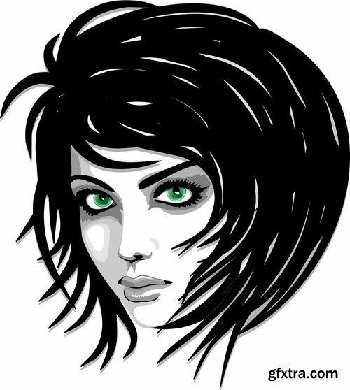 Collection of different vector image of beautiful faces of girls 25 Eps