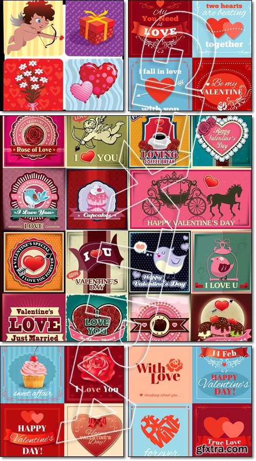 Valentine's Day Set. Valentine’s Day cards with heart ,rose and cupcake - Vector