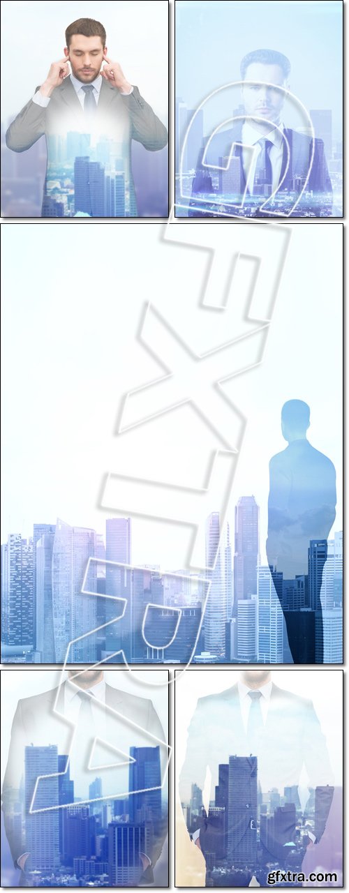 Double exposure of businessman and city, over city background - Stock photo