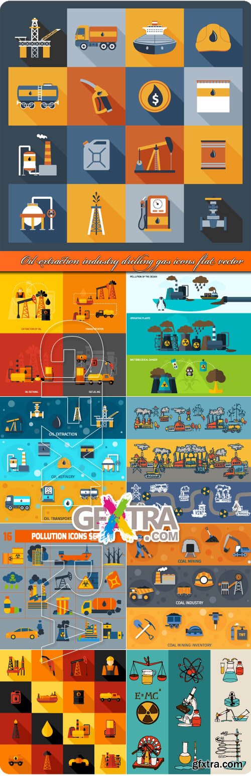 Oil extraction industry drilling gas icons flat vector