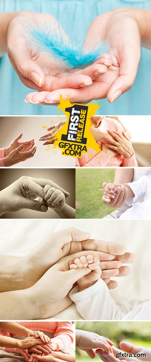 Stock Photo Old and young holding hands on light background, closeup