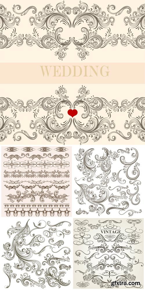 Wedding invitations, vintage decorative elements vector