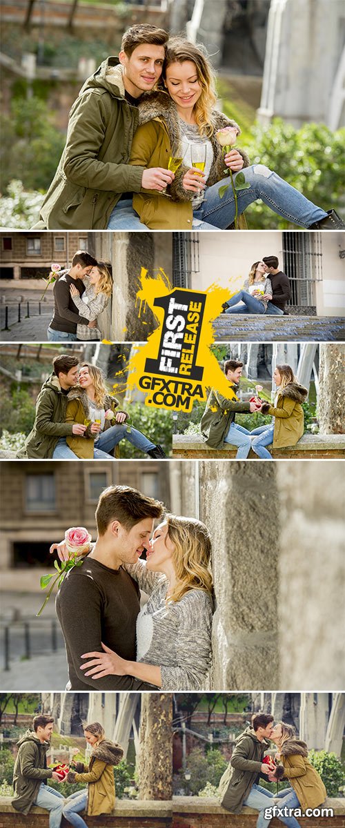 Stock Photo Couple in love kissing tenderly on street celebrating Valentines day