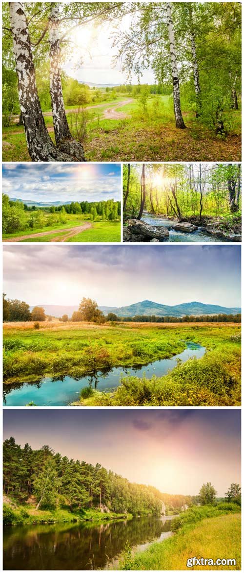 Beautiful landscapes, birch grove, river - stock photos