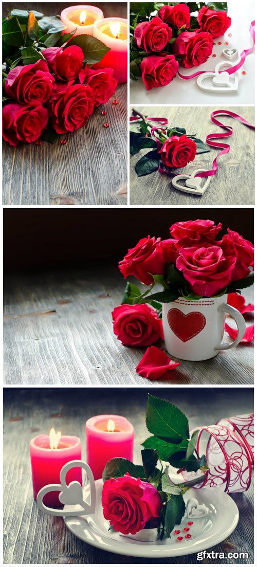 Romantic background with roses and candles - stock photos