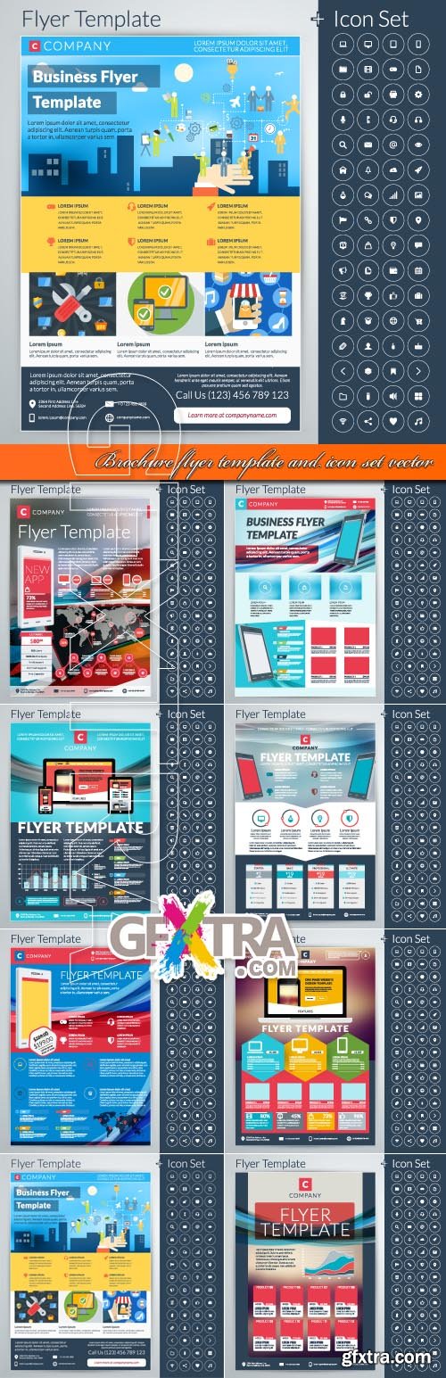 Brochure flyer template and icon set vector