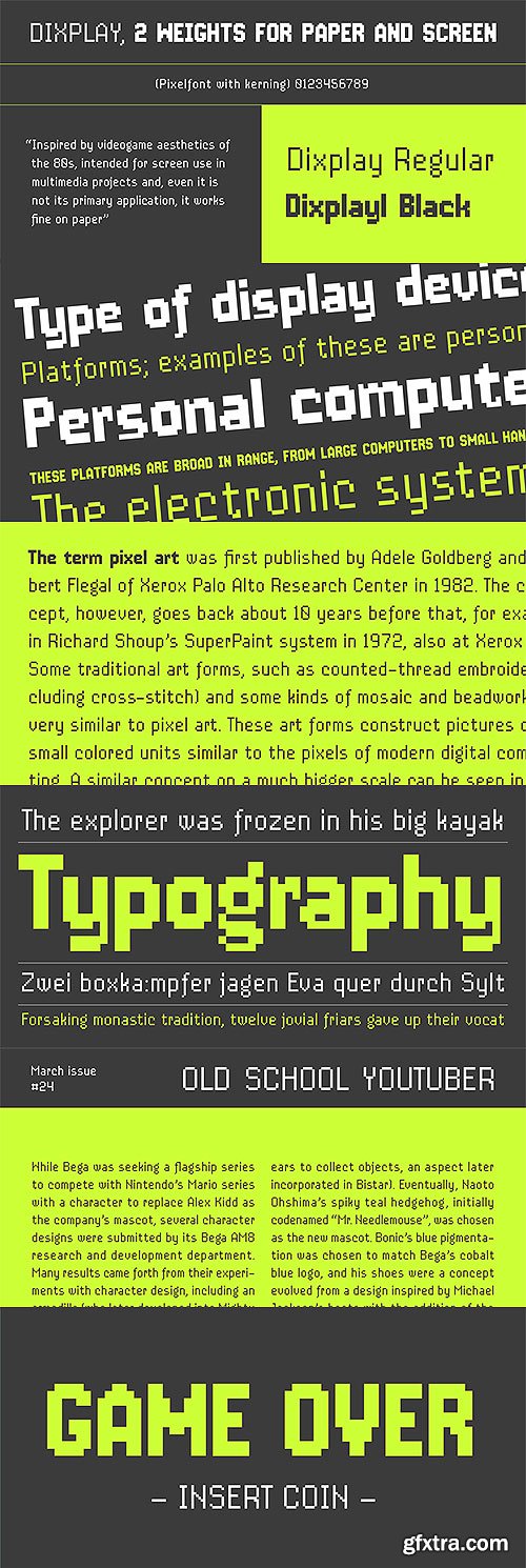 Dixplay 20px Pixel Font 2xOTF $85