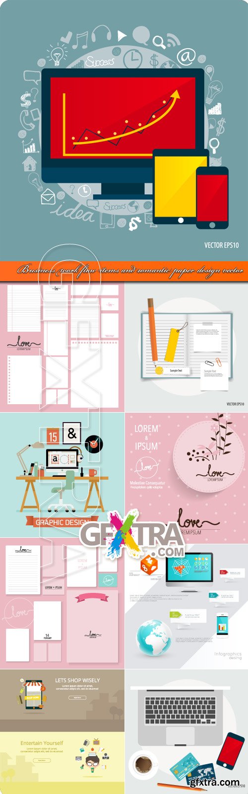 Business work flow items and romantic paper design vector