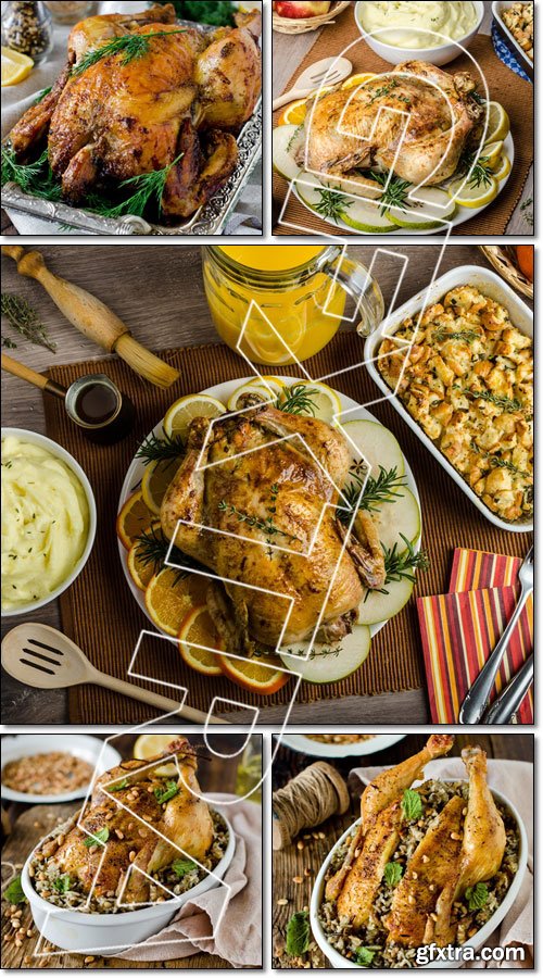 Feasting - stuffed roast chicken with herbs - Stock photo