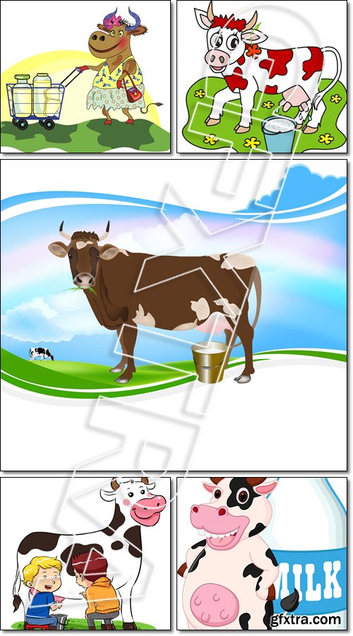 Сheerful cute cow cartoon with shopping cart of milk, milk bottle - Vector