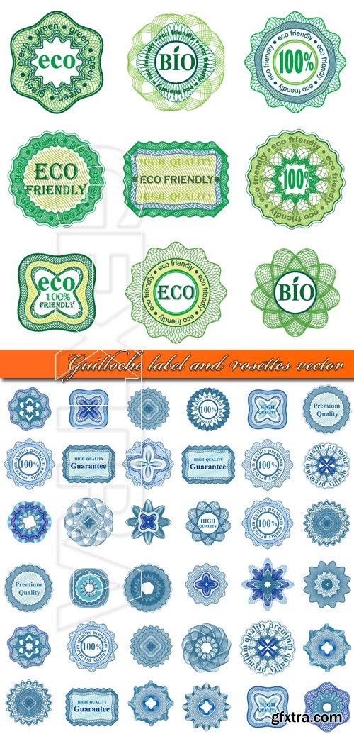 Guilloche label and rosettes vector