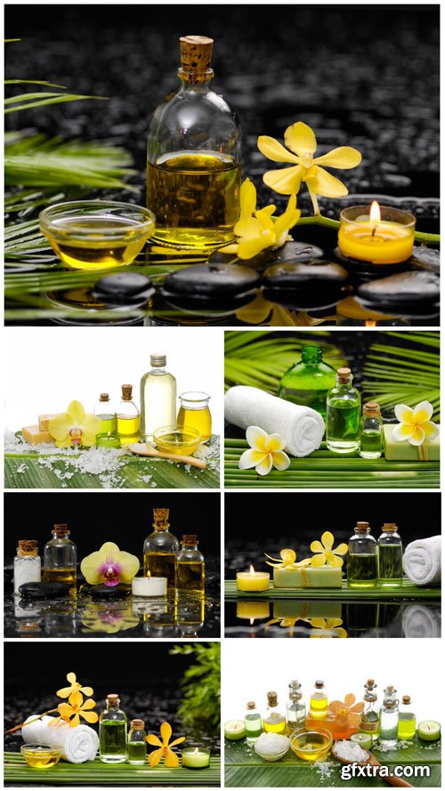 Spa backgrounds, aromatic oils, candles - stock photos