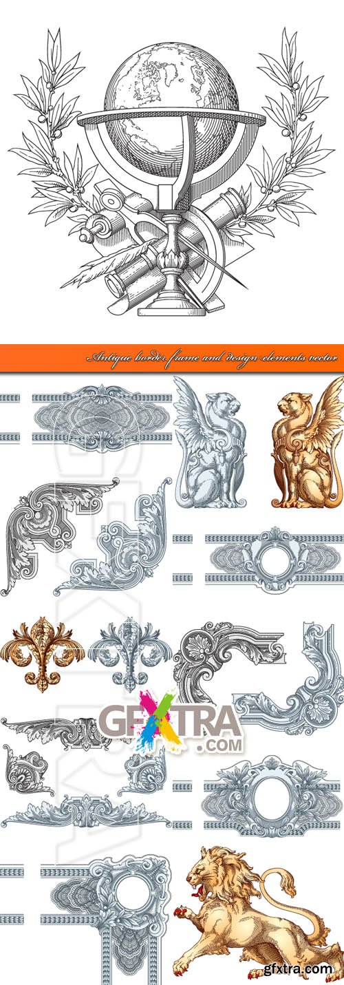 Antique border frame and design elements vector