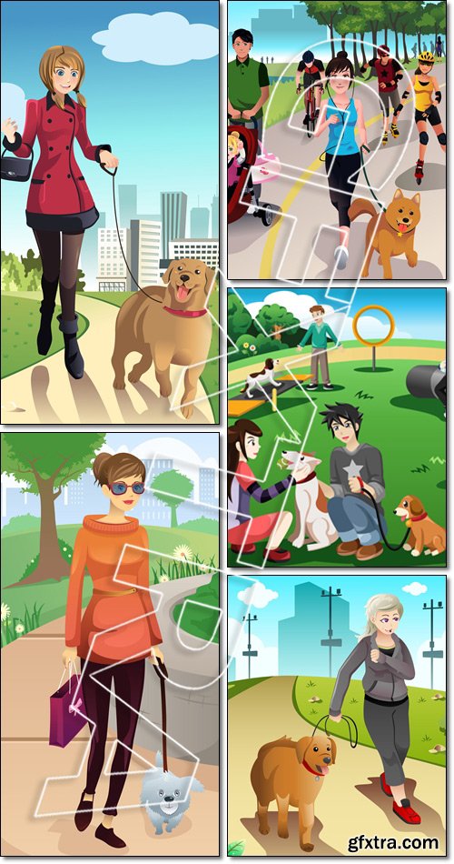 People walk with their pets, in a dog park - Vector